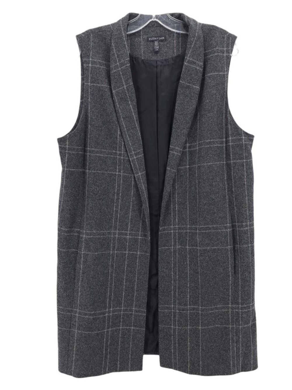 EILEEN FISHER Dark Ash Gray Windowpane Wool Blend Flannel Long Vest Open LARGE